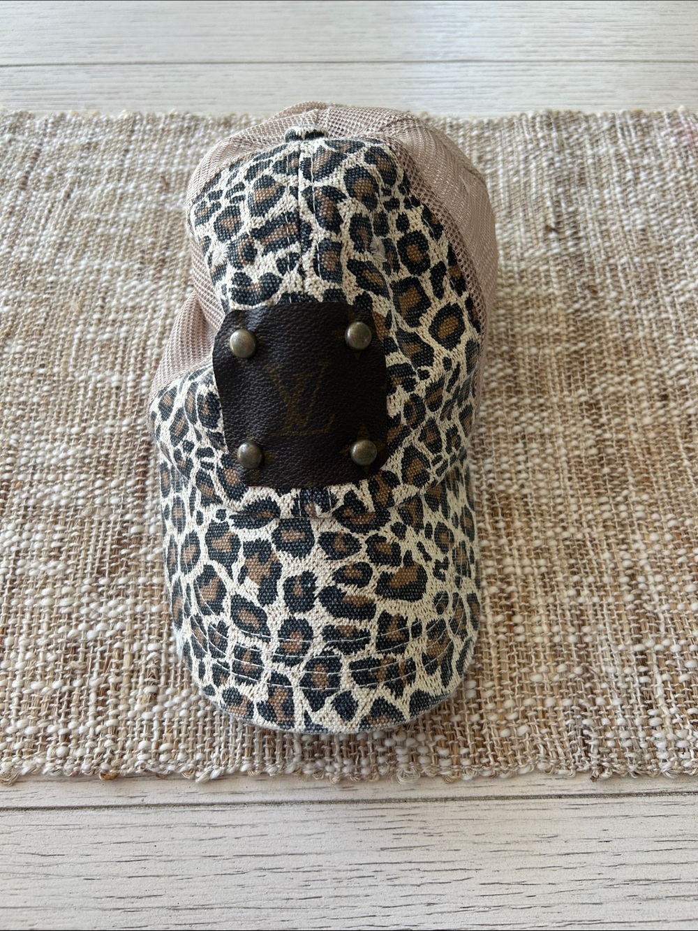 Leopard Print Louis Vuitton Patch Mesh Trucker Hat - Beige